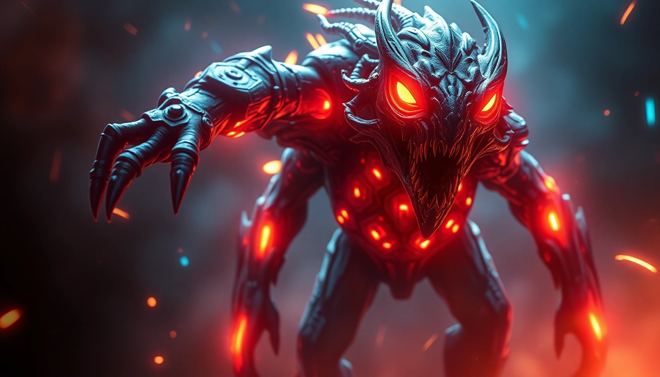 Futuristic depiction of a creature linked to 789f.monster with glowing neon accents in a tech-inspired environment, capturing mystery and innovation.