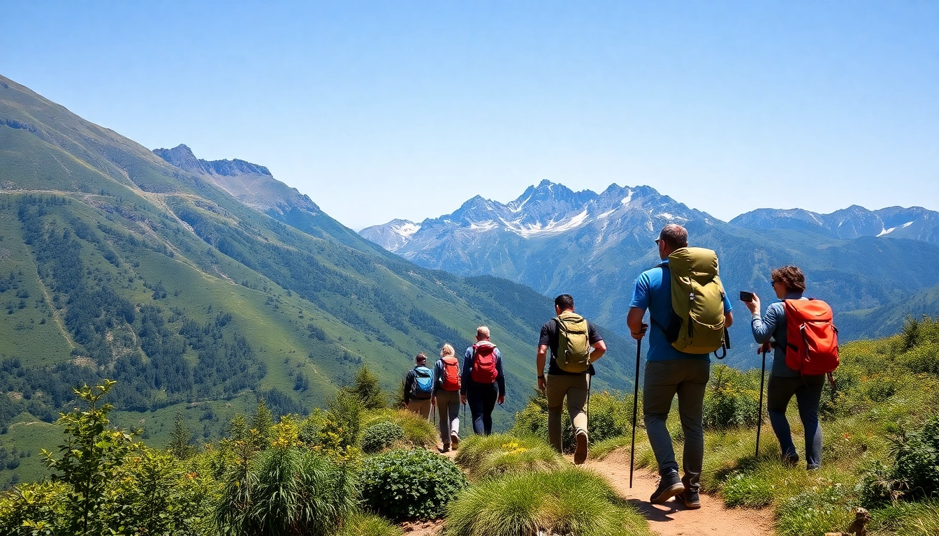 Guided hike through picturesque mountains with an expert guide leading a group along a lush trail in daylight, emphasizing safety and exploration.