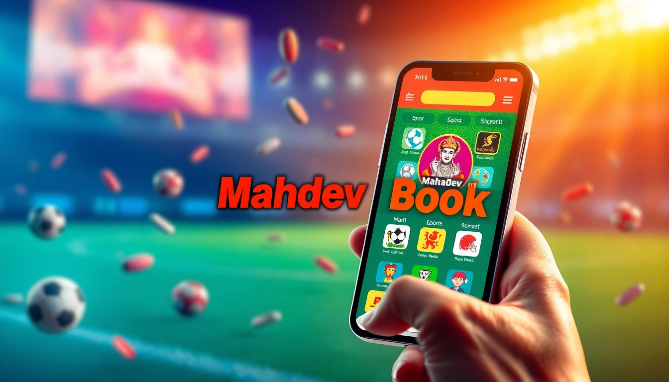 Mahadev Book platform displaying live sports betting on a smartphone with dynamic graphics, signifying secure online betting in India.