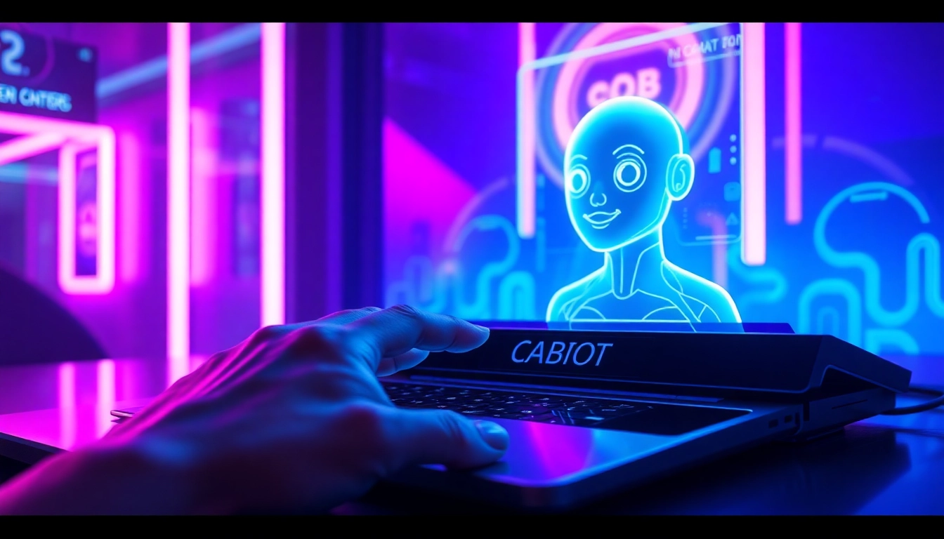 Futuristic AI chatbot interface with holographic avatar glowing in neon lights