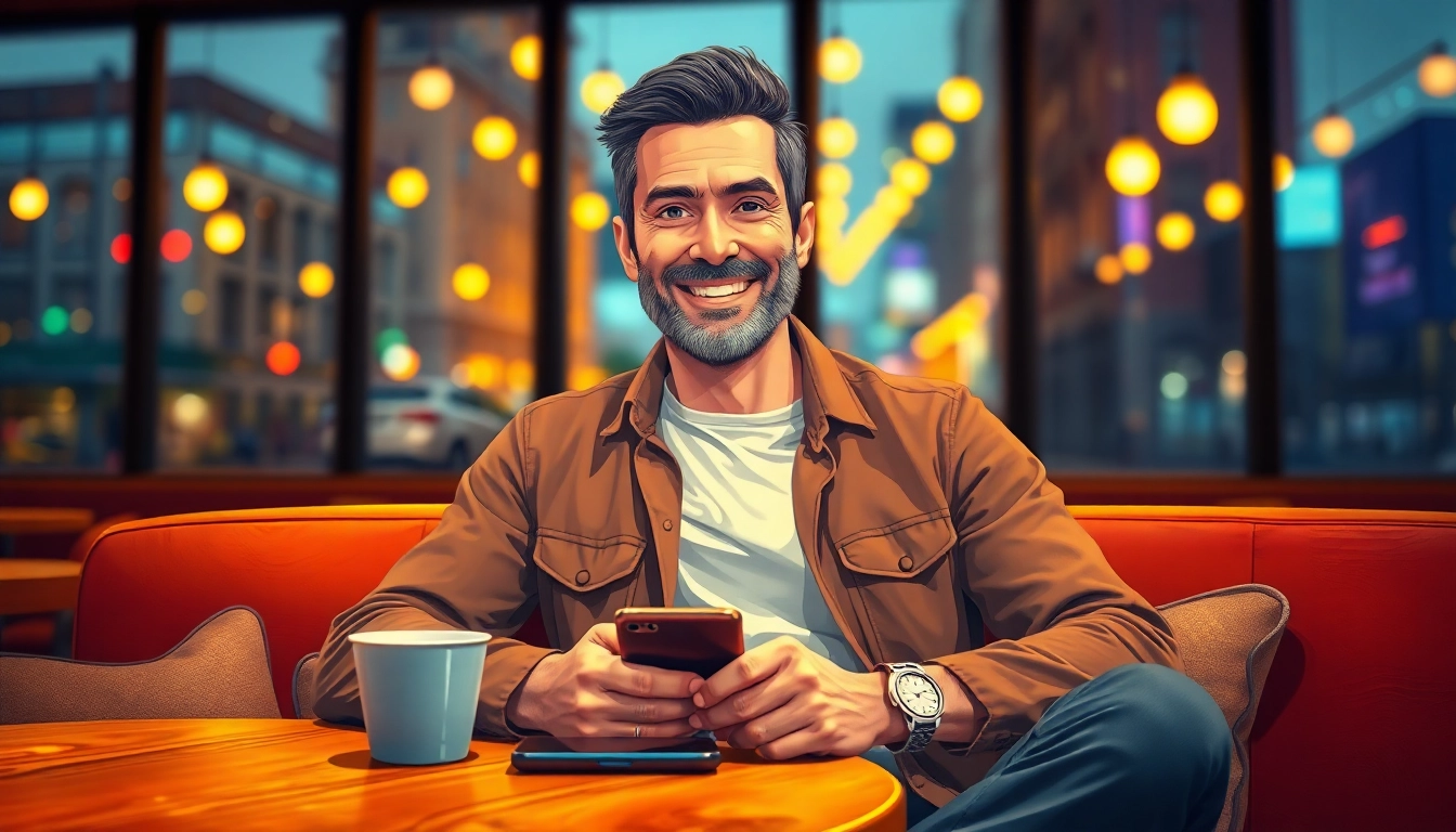 A confident man in his 40s sitting in a cozy café with city lights in the background.