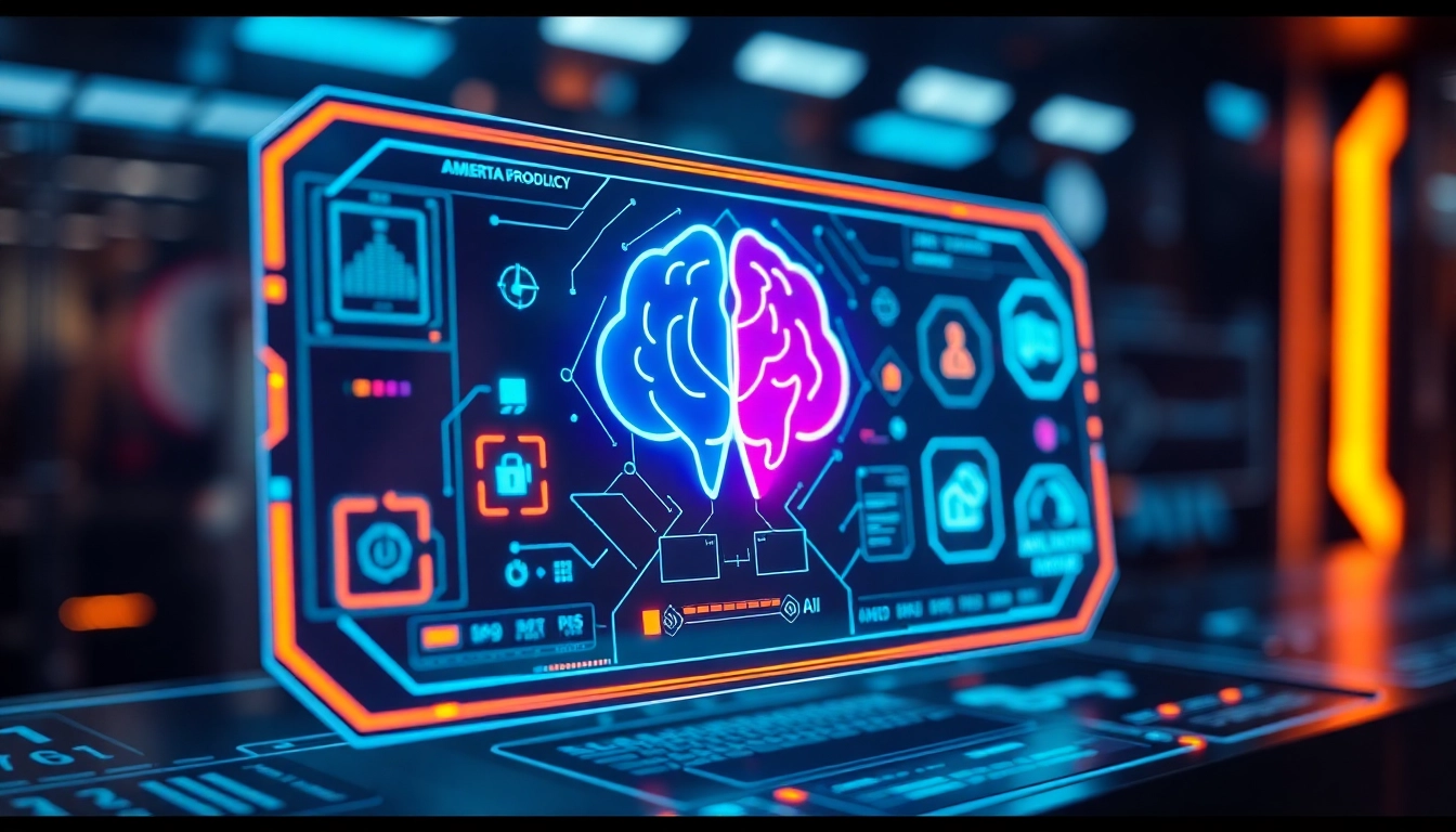 Futuristic AI interface with holographic elements in a high-tech environment.