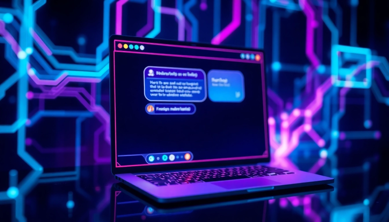 Futuristic AI chatbot interface on a digital screen with glowing speech bubbles and abstract data streams