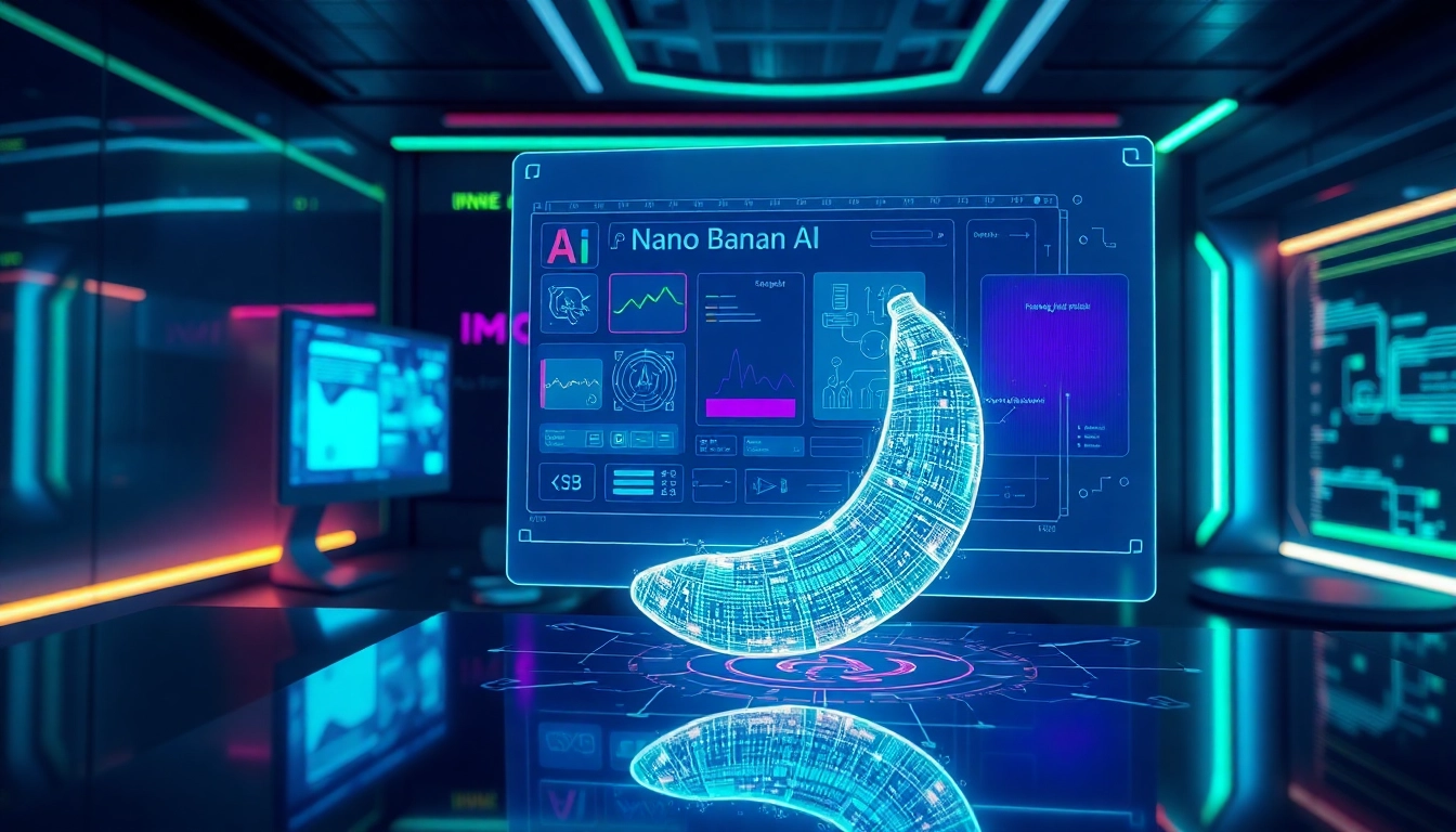 Futuristic AI workspace with holographic interface and glowing data-stream banana representing Nano Banana AI technology.