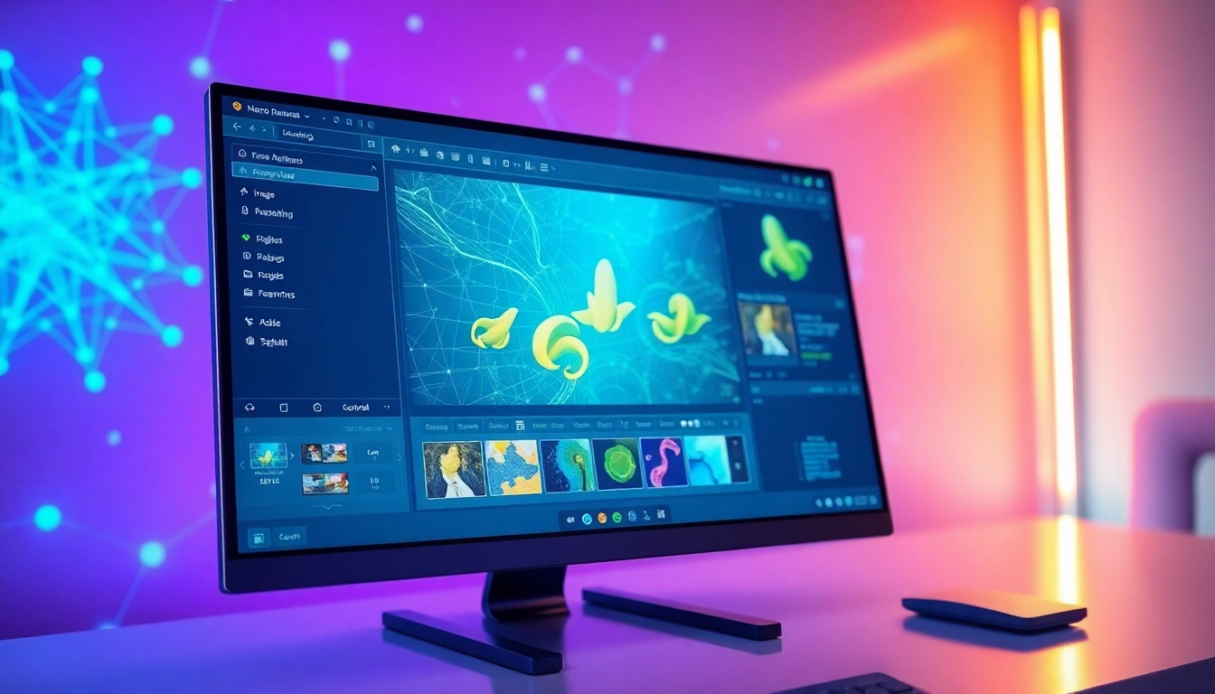 A futuristic computer screen displaying Nano Banana AI's advanced image editing interface with vibrant colors and digital graphics.