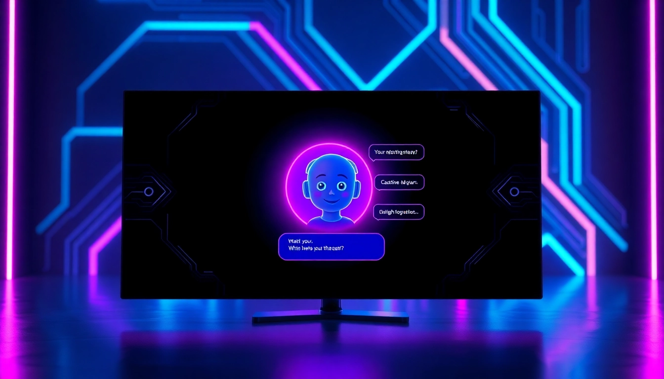Futuristic AI chatbot interface on a digital screen with glowing neon accents and customizable character avatar.