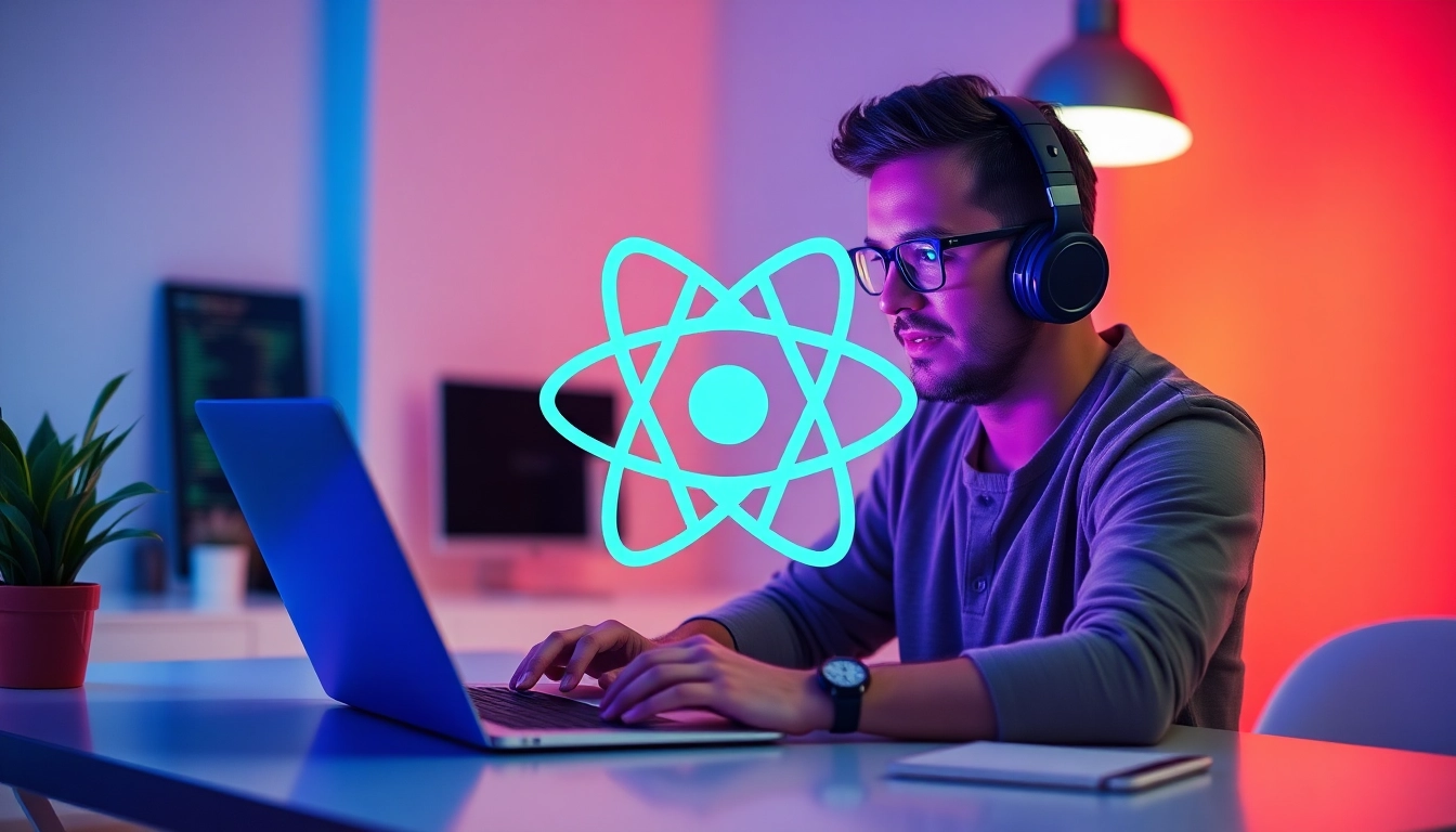 Freelance react developer coding on laptop in a bright creative workspace