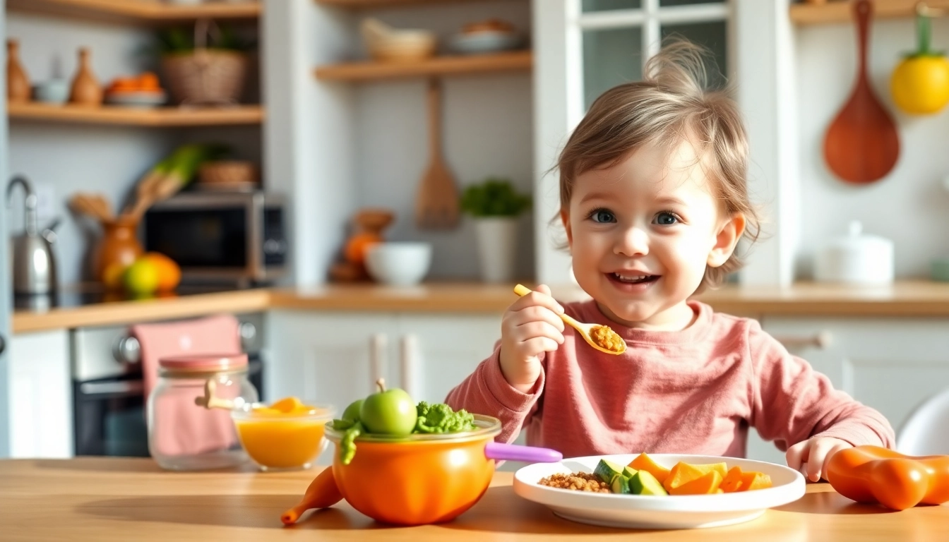 Healthy baby food with silicone feeding accessories promoting Alimenti sani per bambini for a
