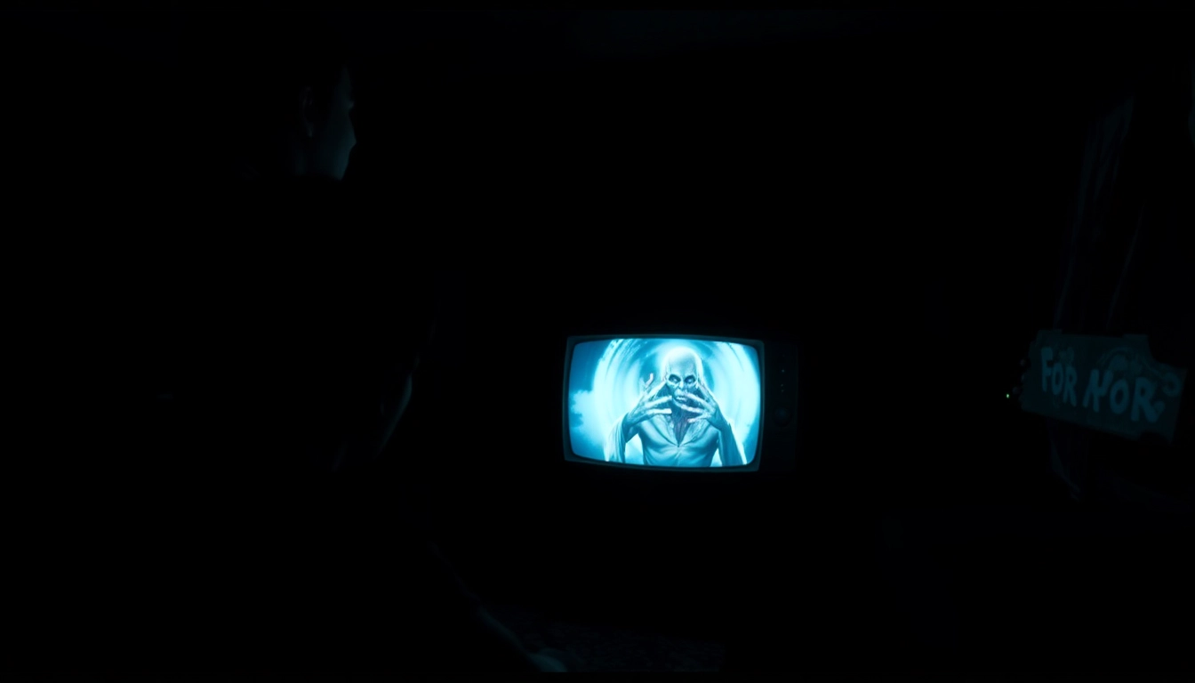 Horror video scene with shadowed figures watching a creepy flickering screen, evoking suspense and fear.