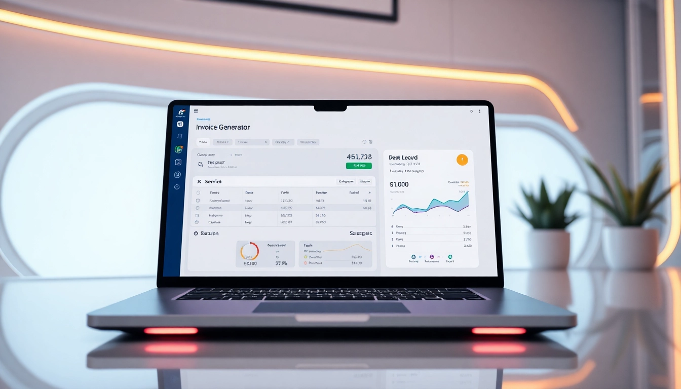 Invoice Gen software logo on a sleek laptop screen with professional invoice templates in a