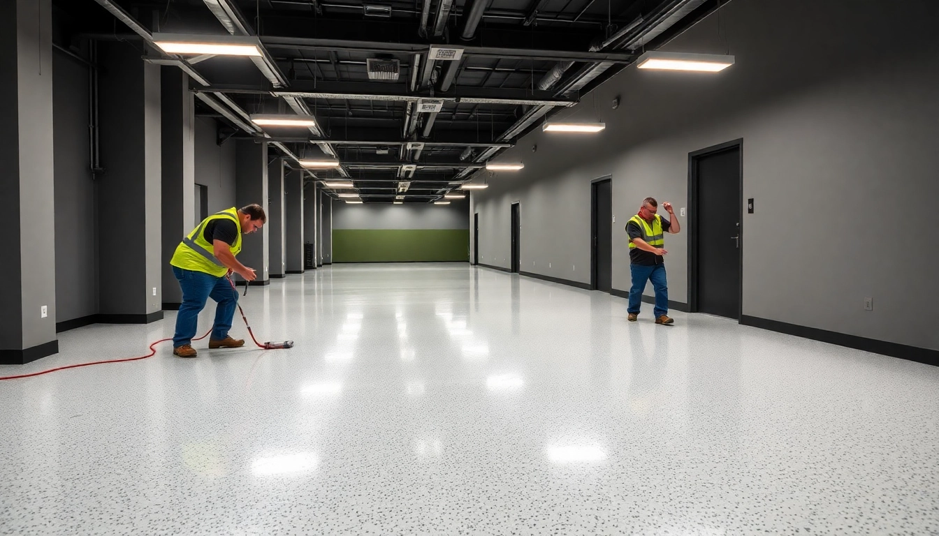 Experienced epoxy resin flooring contractors Birmingham applying durable epoxy coating to a